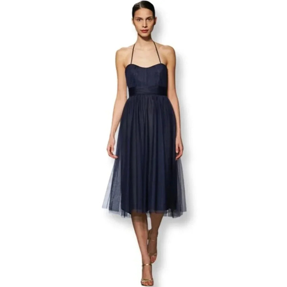 Amsale NWT Short Bridesmaid Prom Party Dress Navy Blue Halter Tulle Size 10 - Picture 1 of 12